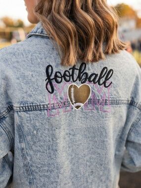 Simply Stitched Football Mom Embroidered Light Wash Denim Jacket - Mom Jacket